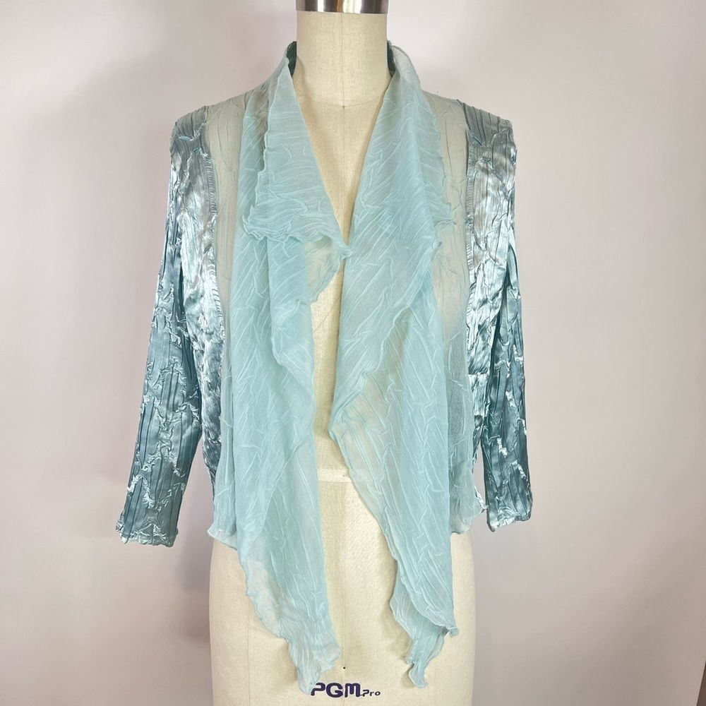 KOMAROV aqua metallic blue crinkled pleated evening cardigan wedding coverup